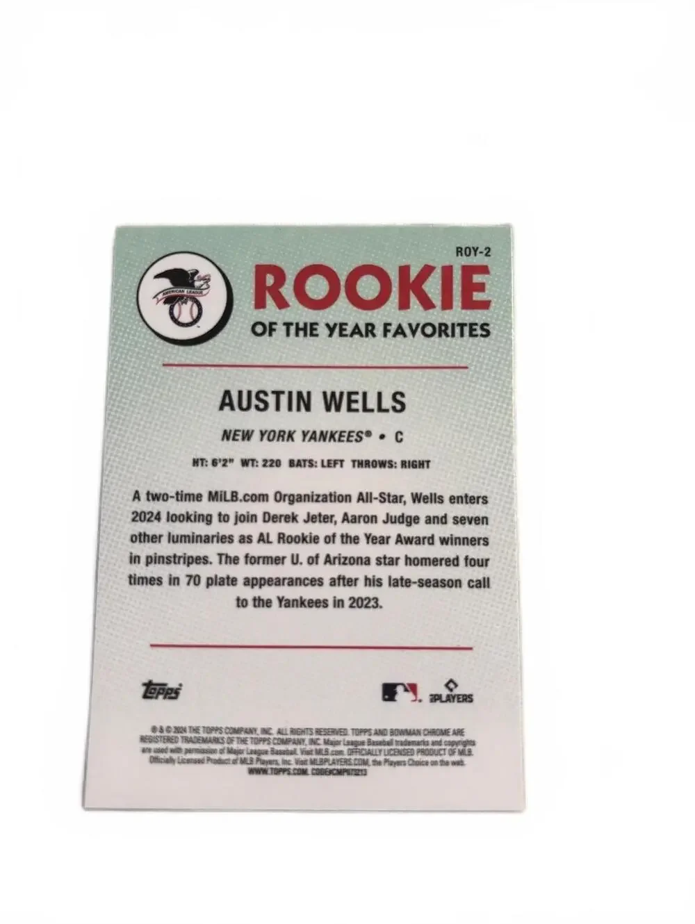 Austin Wells Rookie of the Year Favorites Baseball Card - 1/